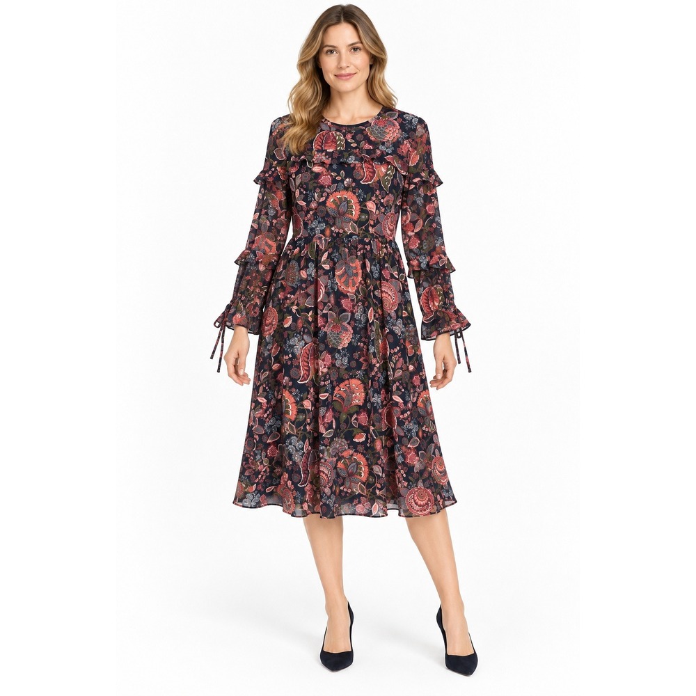 Dark Floral Midi Dress Bell Sleeve 8 Navy Whimsigoth Romantic Boho Tie Cuff
